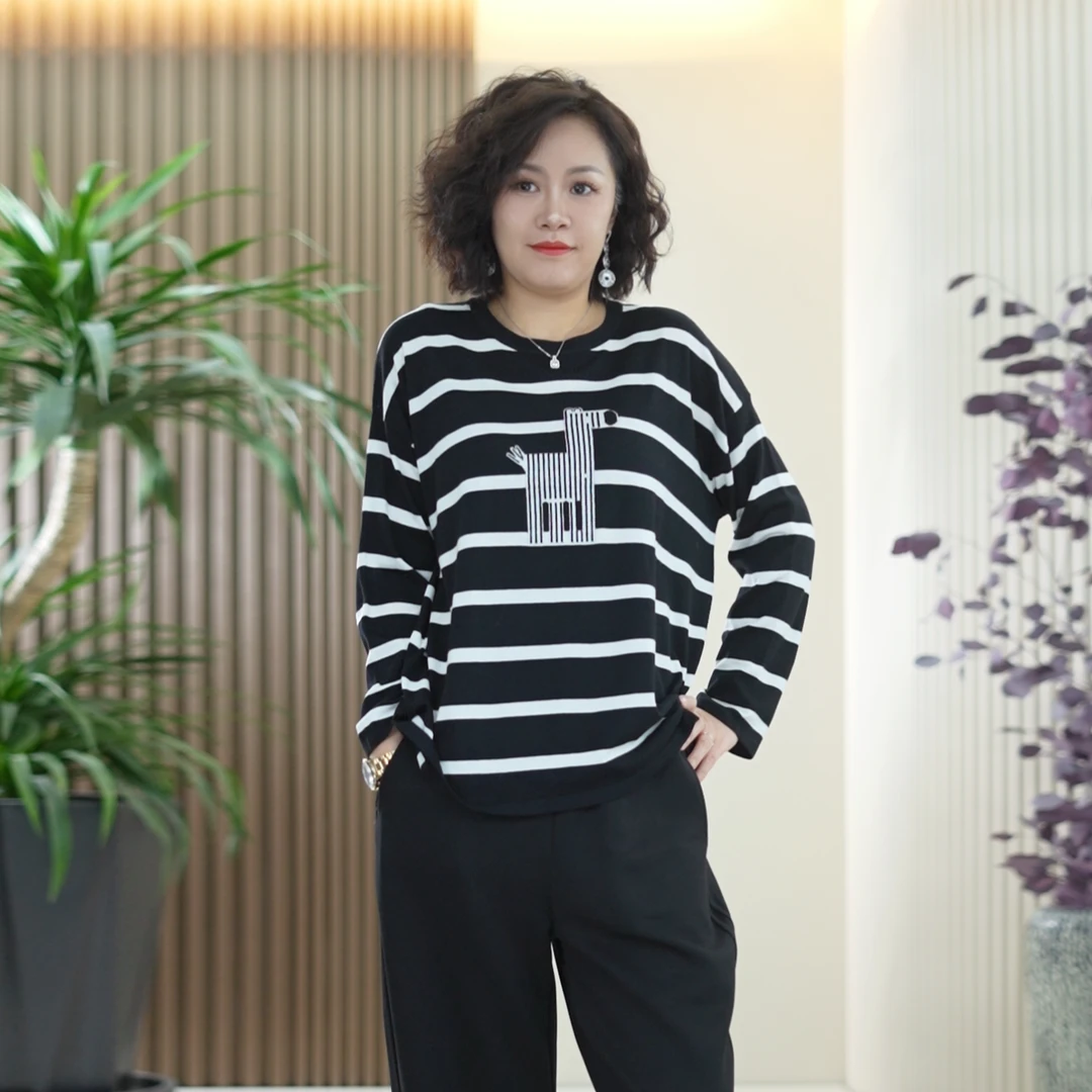 桑蚕丝绵羊毛小马针织衫女大码显瘦条纹亲肤舒适上衣T恤秋季内搭