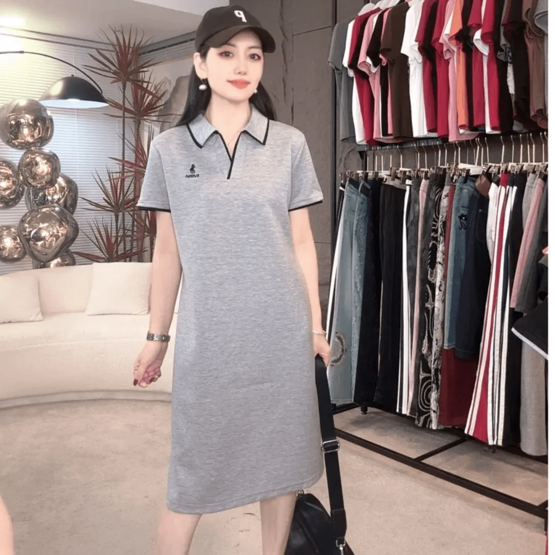 夏季新款短袖连衣裙翻领POLO裙时尚休闲宽松显瘦纯色中长裙子百搭