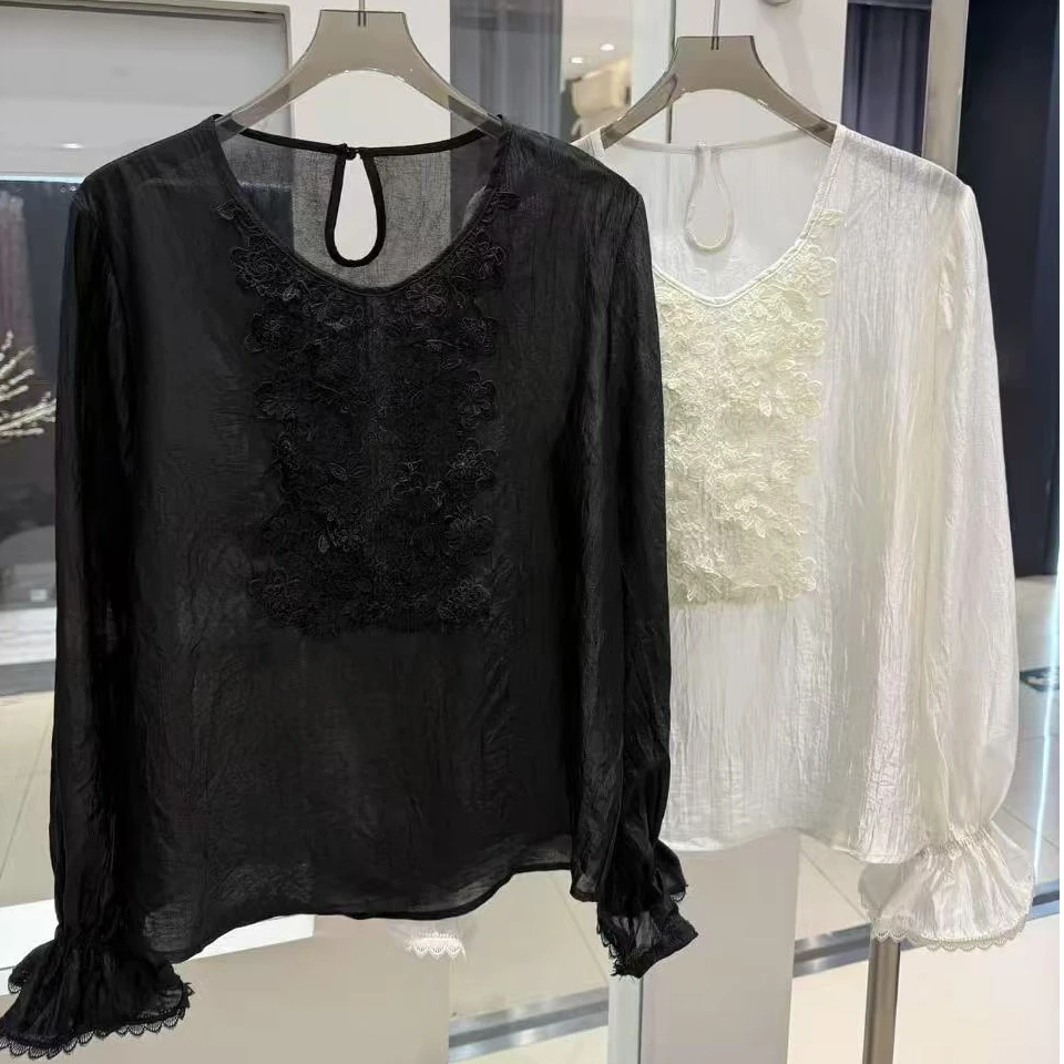 26220两色提花蕾丝长袖上衣衬衫
