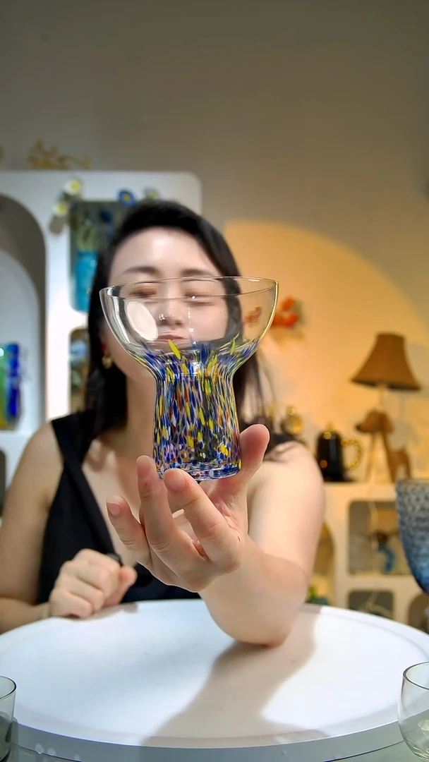 高脚款水晶玻璃2只黄蓝彩点甜品杯
