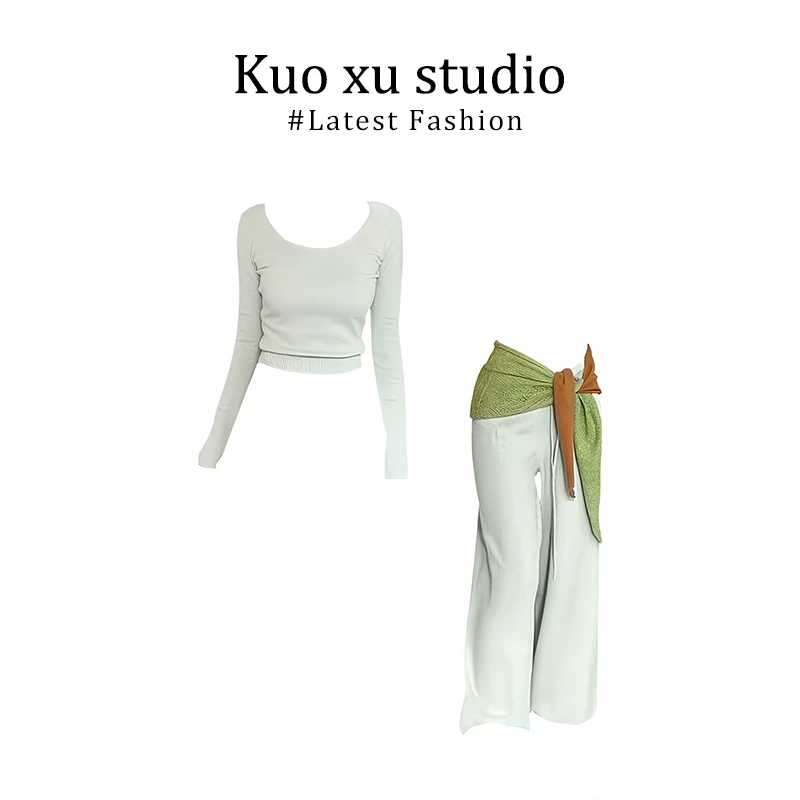 2025秋新款韩版U领长袖针织衫上衣露肚脐高腰休闲裤垂感阔腿裤女