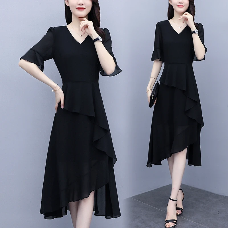 2025气质夏季连衣裙法式显瘦雪纺裙洋气时尚黑色收腰中长款2237