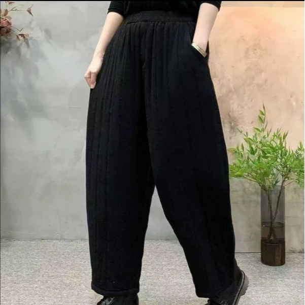 欧韩版复古竖条纹加棉保暖阔腿裤加厚垮裤休闲哈伦裤