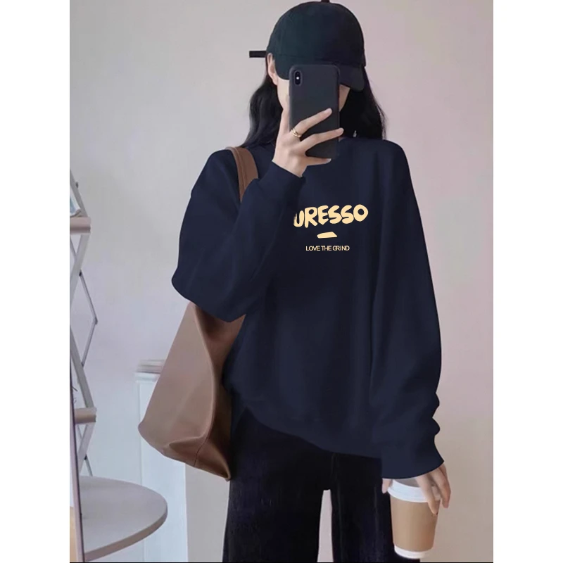 藏蓝色圆领卫衣女秋冬慵懒风2025新款爆款春秋薄款时尚套头上衣
