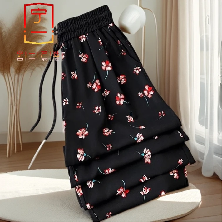 【宁一女装】时尚洋气显瘦雪纺阔腿裤女年夏季新款高腰垂感薄款印花