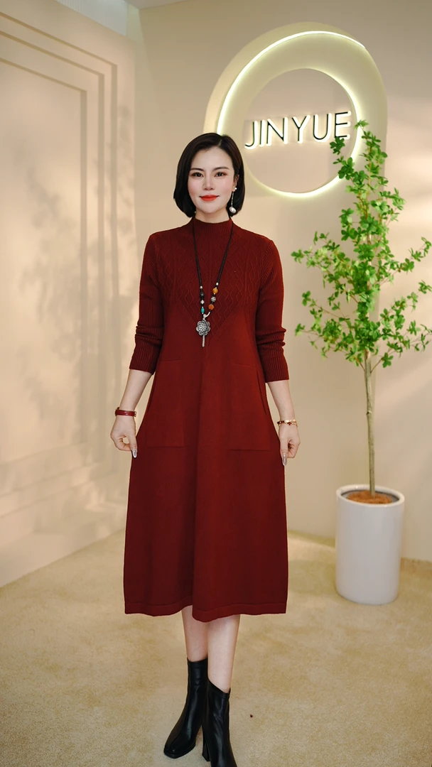 【云绣阁】5613新款中高领大口袋气质保暖时尚收腰显瘦针织连衣裙