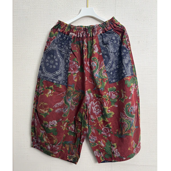 文艺复古东北大花贴布口袋炒色做旧水洗棉八分直筒裤宽松休闲大版