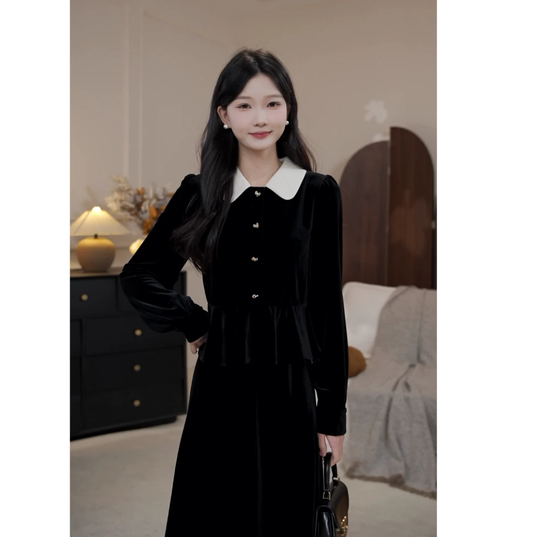 鹿向南「永夜契约」法式赫本风气质女秋冬新款设计感撞色蕾丝连衣裙