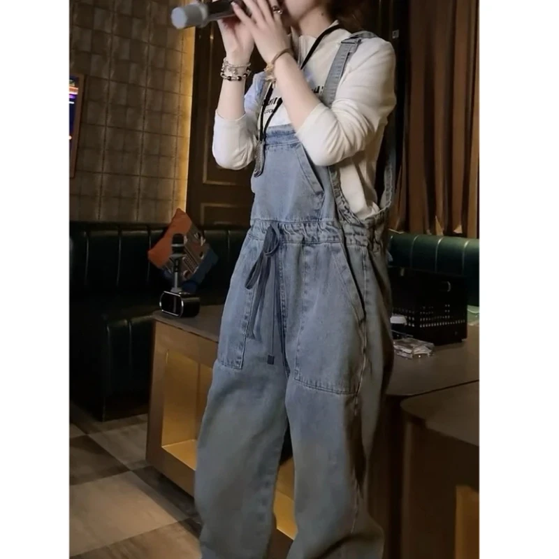 2025年新款女士爆款高腰长款背带牛仔裤连体复古韩版时尚个性裤子