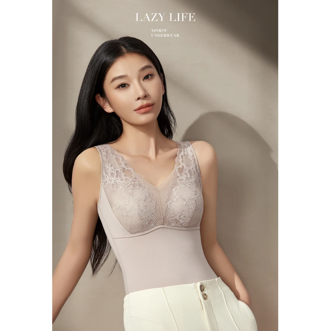 懒人打底衣蕾丝V领轻塑桑蚕丝免穿文胸磨毛收腹打底保暖背心28809