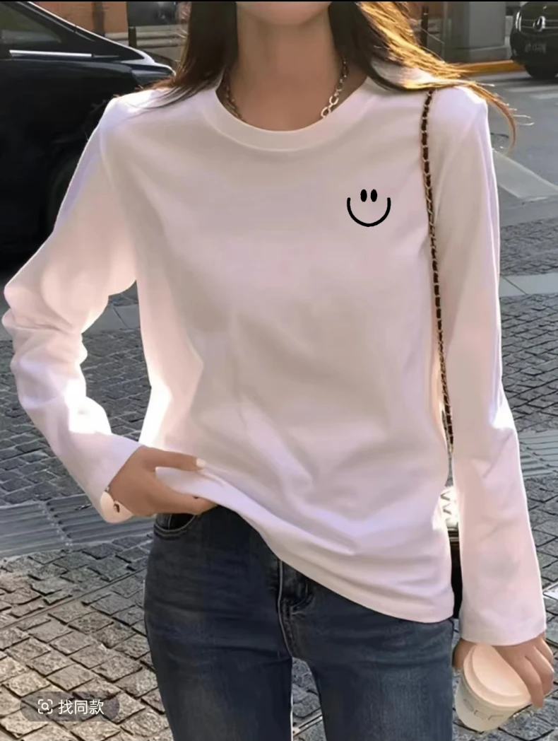 港风时尚潮流春夏卡通圆领长袖T恤-黑色笑脸