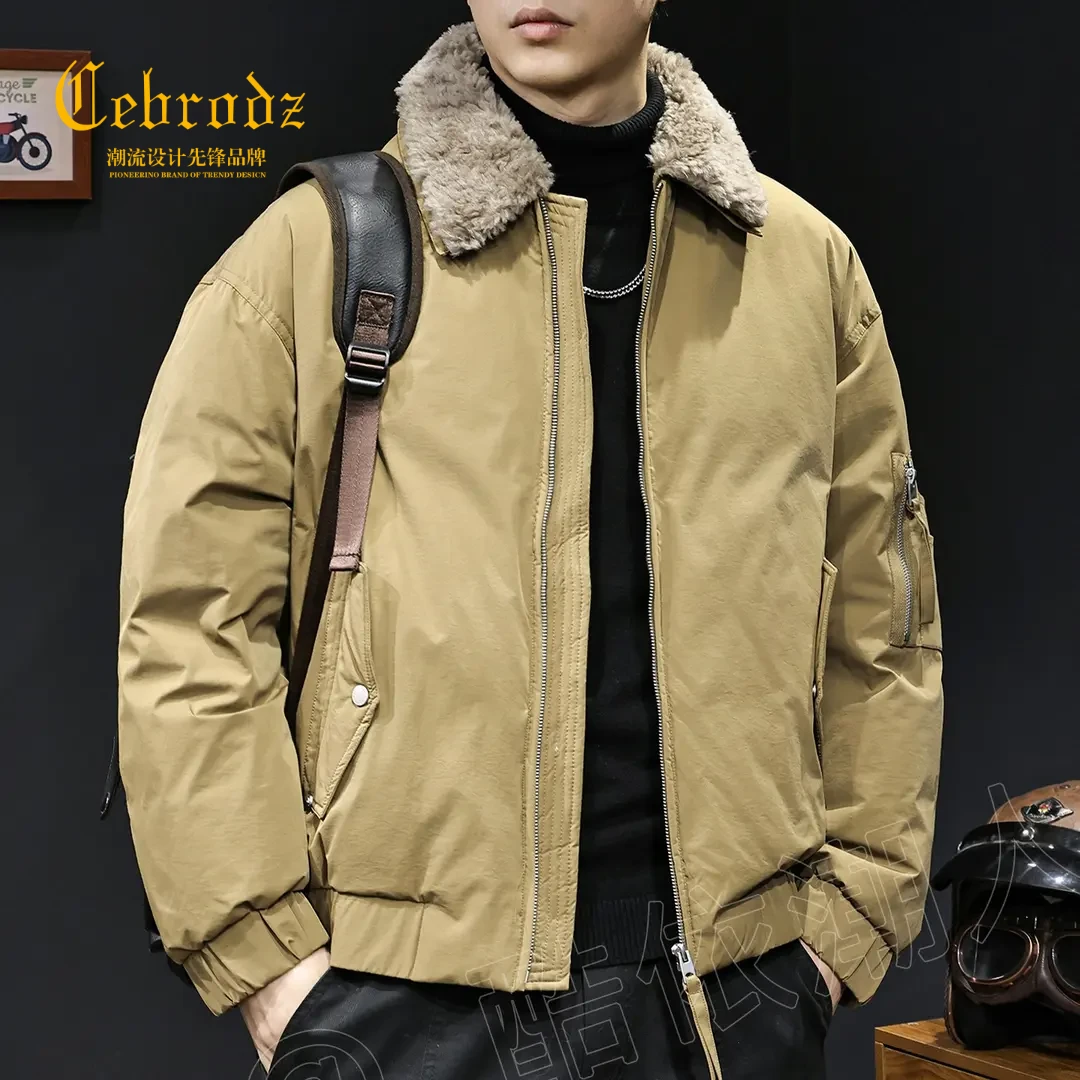 法国Cebrodz毛领羽绒服男加厚冬季飞行员夹克外套上装宽松休闲