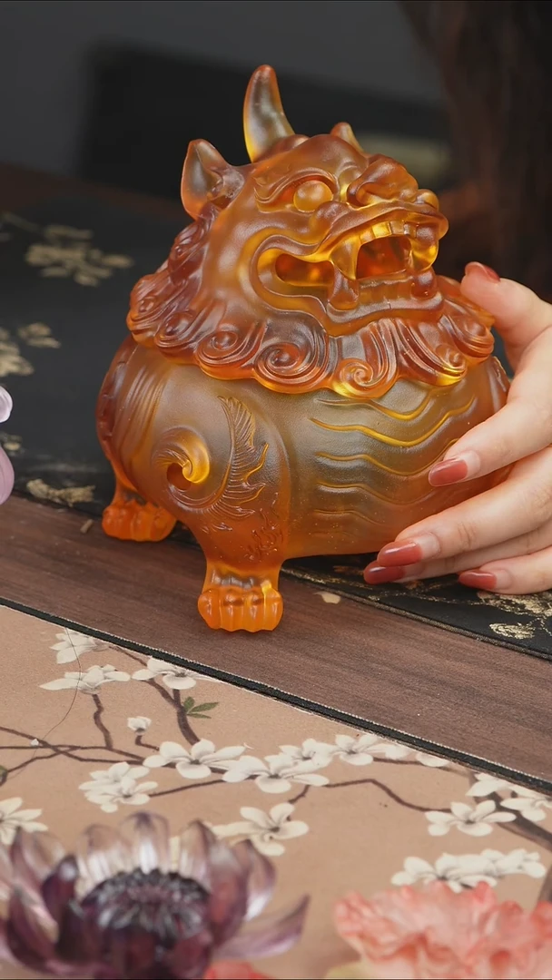 手工艺品琉璃黄色狻猊香炉大号