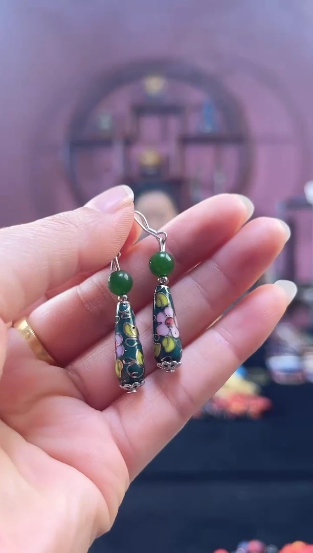 非遗 景泰蓝耳饰 水滴 绿色