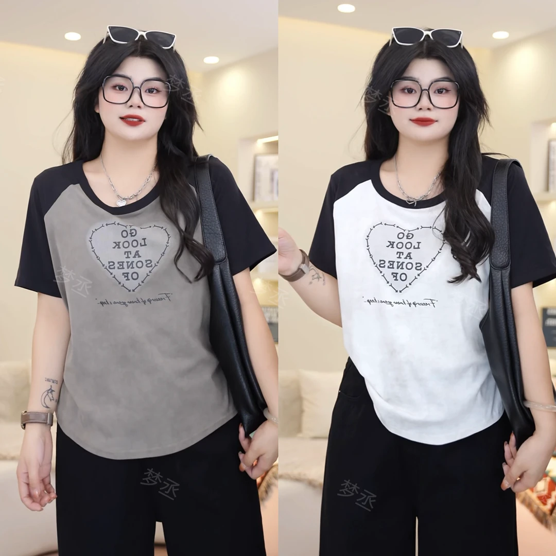 梦丞【浪漫谱写】大码女装圆领字母爱心印花插肩宽松百搭短袖T恤女