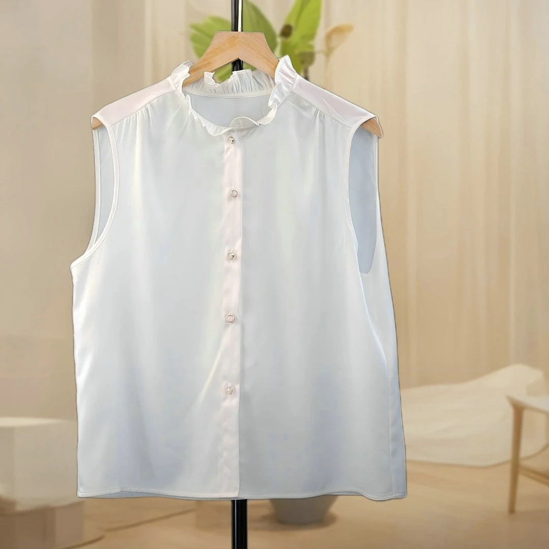 木耳领无袖衬衫女春夏新款缎面宽松内搭打底背心