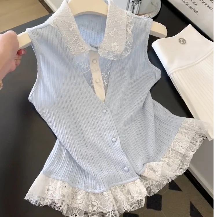 女夏季新款时尚娃娃领显瘦小衫芭蕾风蕾丝花边拼接无袖背心上衣