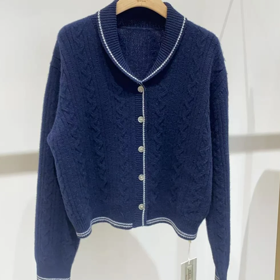 CKM0018海军领100%山羊绒绞花开衫