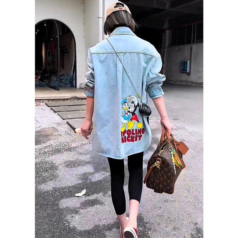 韩版简约米奇卡通牛仔外套衬衫欧洲站2025秋季新款单排扣翻领上衣