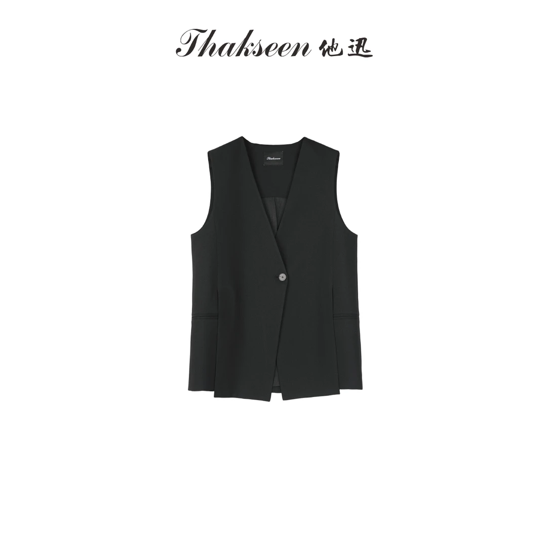 thakseen/他迅夏季简约黑色前侧开叉一粒扣中长马甲625202410070