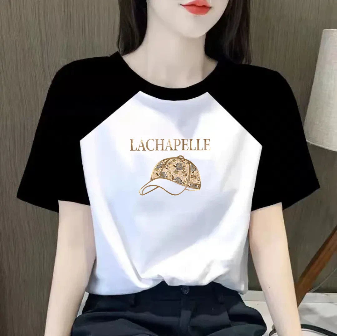 2025夏季新款微胖显瘦撞色插肩短袖T恤宽松圆领百搭女装上衣t恤