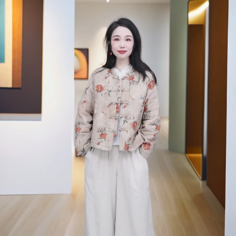 7050秋冬季新款复古印花棉衣新中式国风盘扣宽松开衫纯棉长袖外套