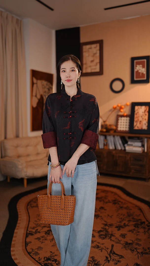 【云裳】气质国风印花宽松版中袖中式ins上衣长袖双面可穿外套8985