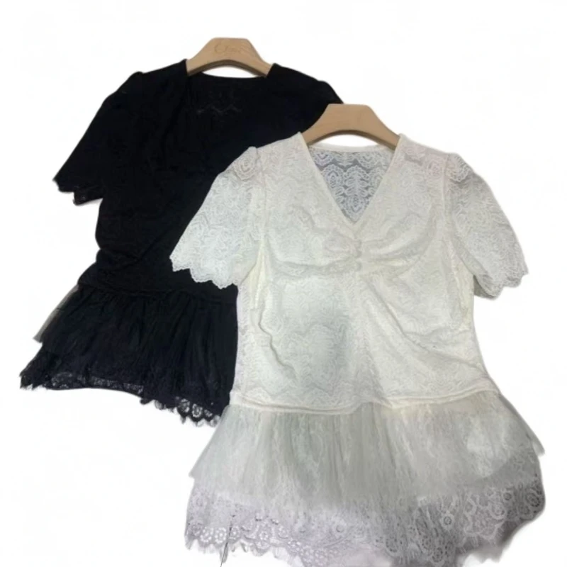 932055三色气质纯色蕾丝短袖上衣衬衫