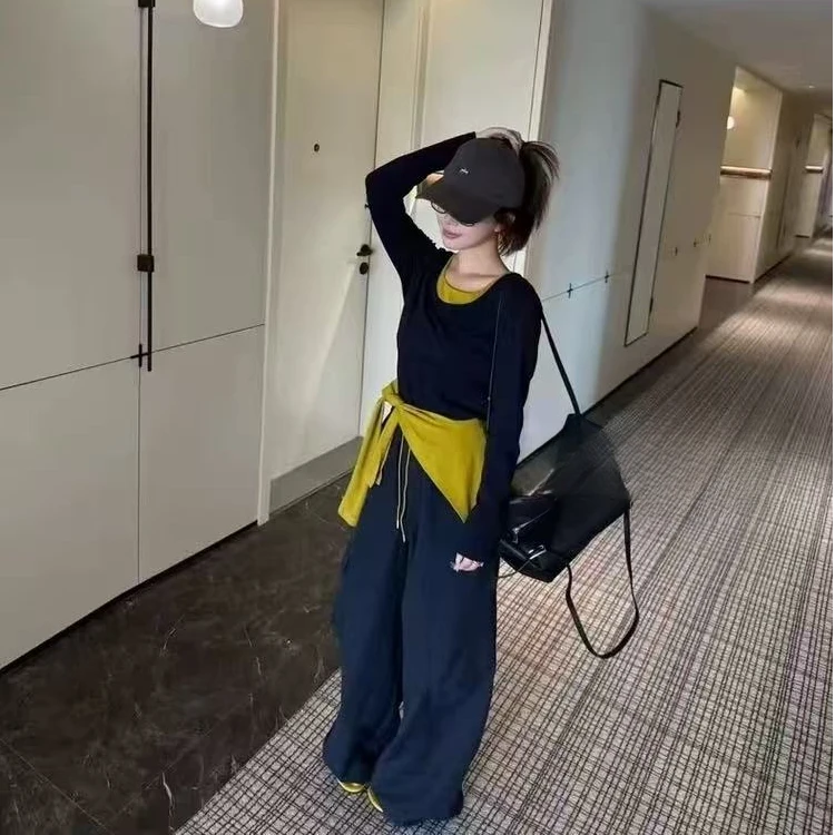 【锦衣服饰】FS 805韩系披肩撞色假两件圆领长袖T工装裤套装