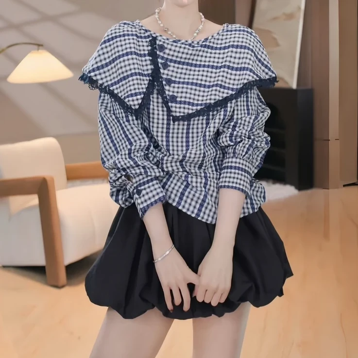 春季新款韩系洋气格纹设计感不规则翻领长袖衬衫A1232显瘦时尚