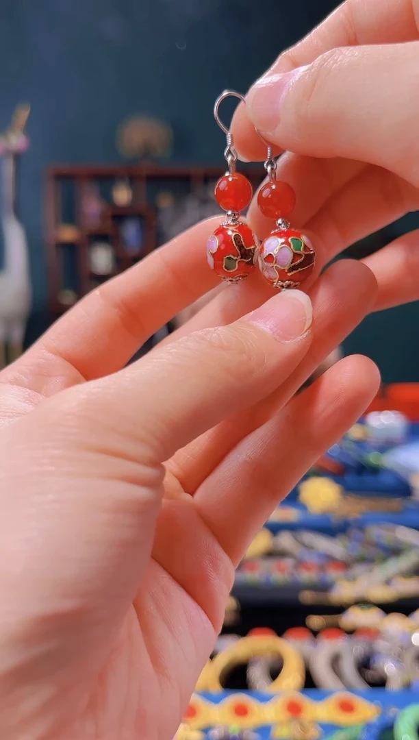 【闪购商品】非遗技艺景泰蓝耳坠红色