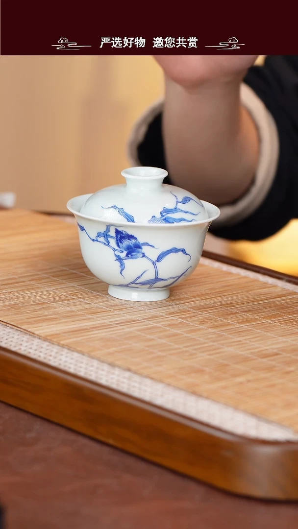 手工手绘青花盖碗