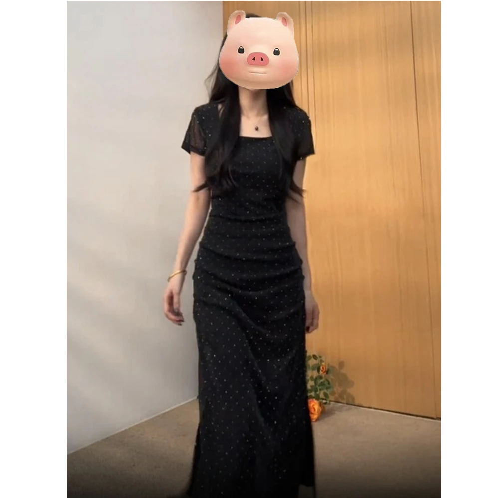 20205新款烫钻短袖长裙时尚设计师修身夏季连衣裙轻奢名媛