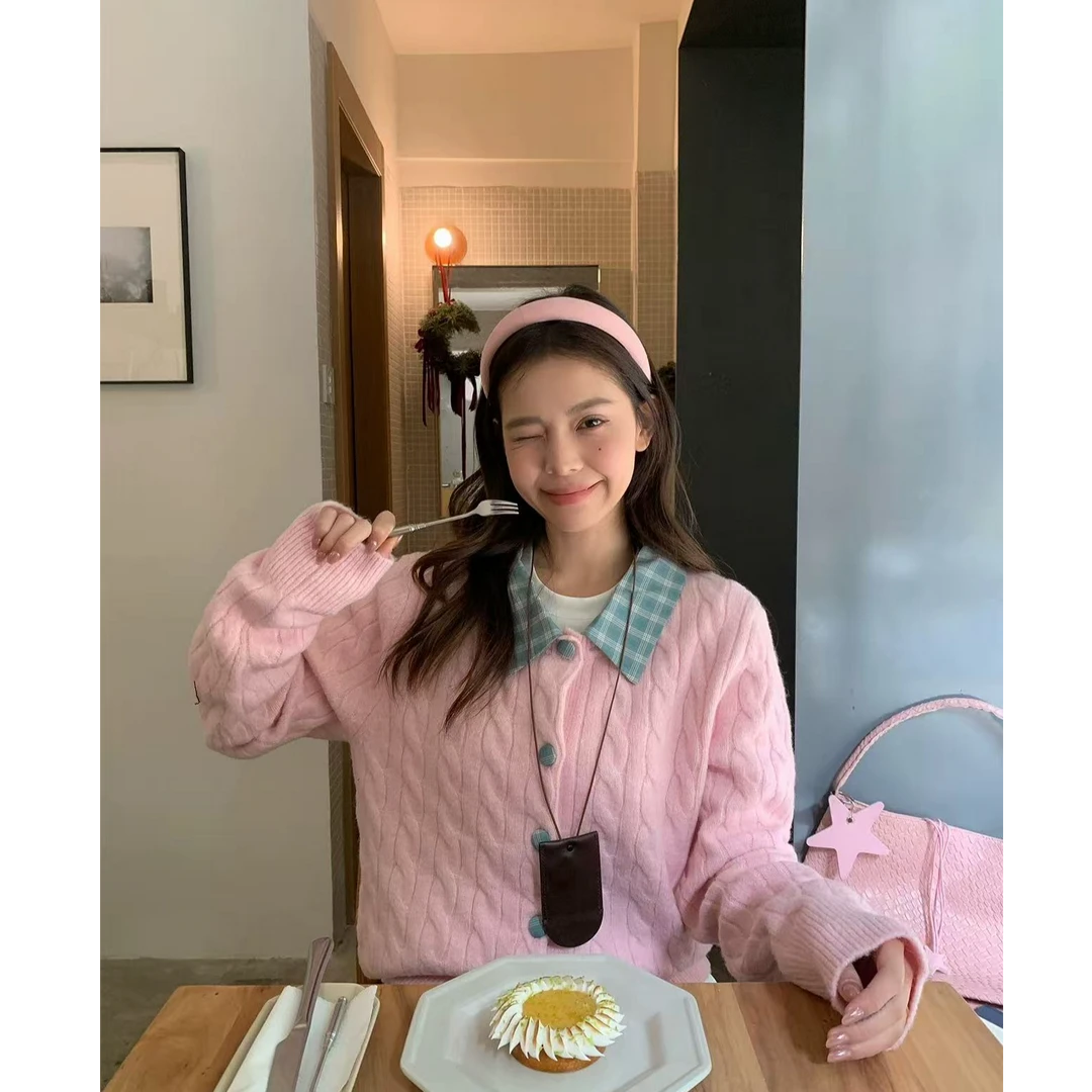 假两件polo领针织开衫女2025冬季外穿独特漂亮粉色毛衣外套