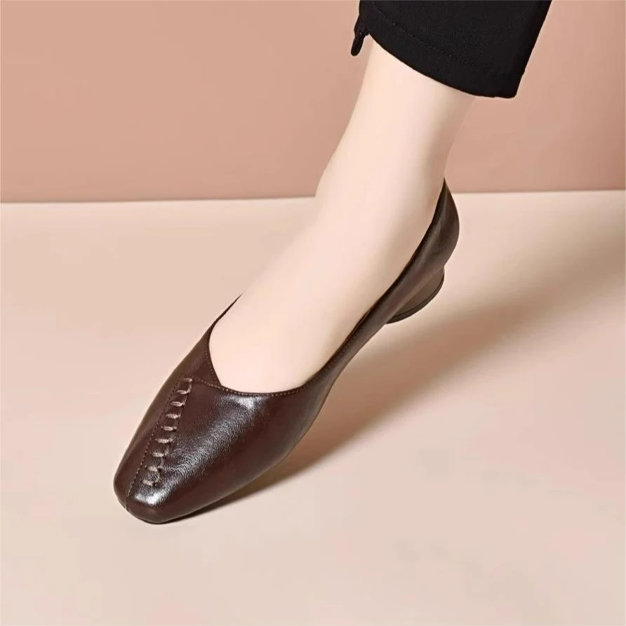 Feideroul真皮方头气质浅口单鞋2025新款平底一脚蹬百搭复古皮鞋