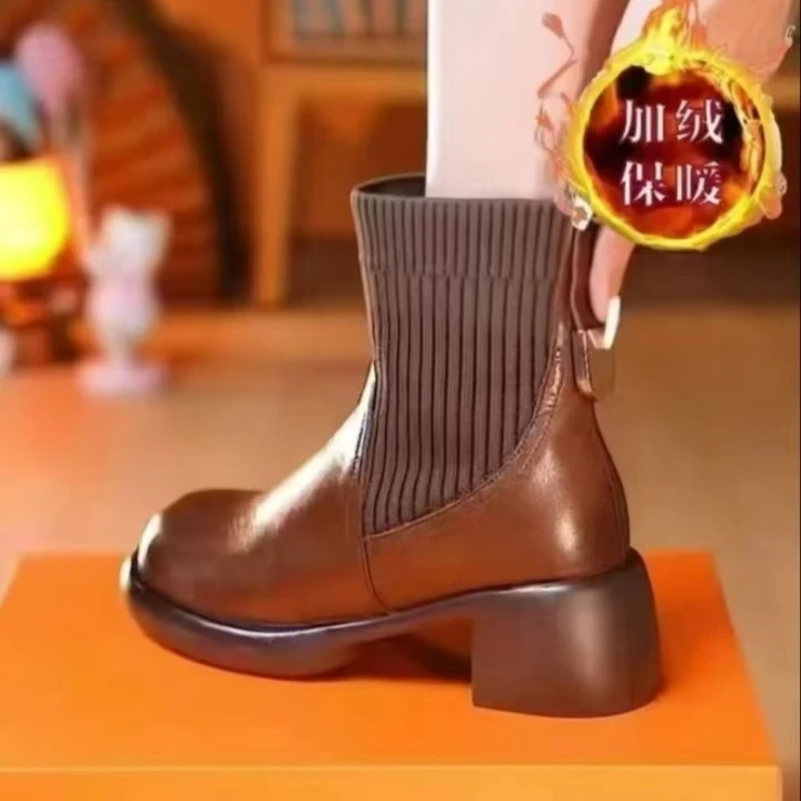品牌补贴马丁靴-复古法式优雅2024秋冬新款粗跟英伦弹力袜靴