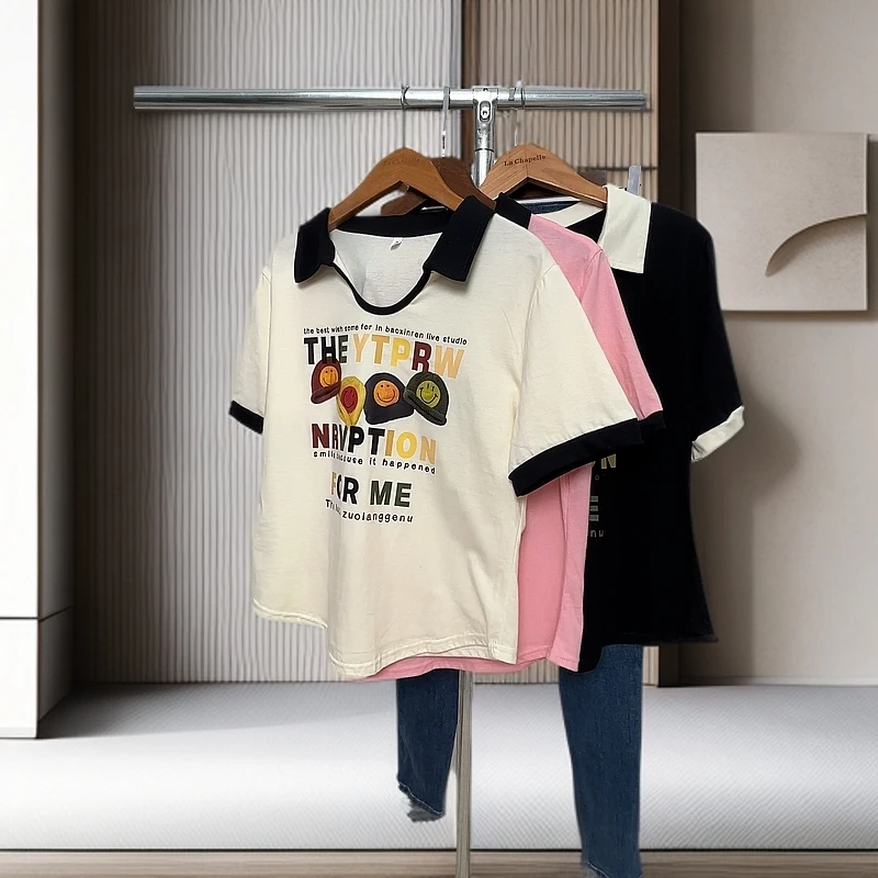 智英轩T恤宽松型烫印短袖常规款V领拼色拼接透气衣服正肩卡通风