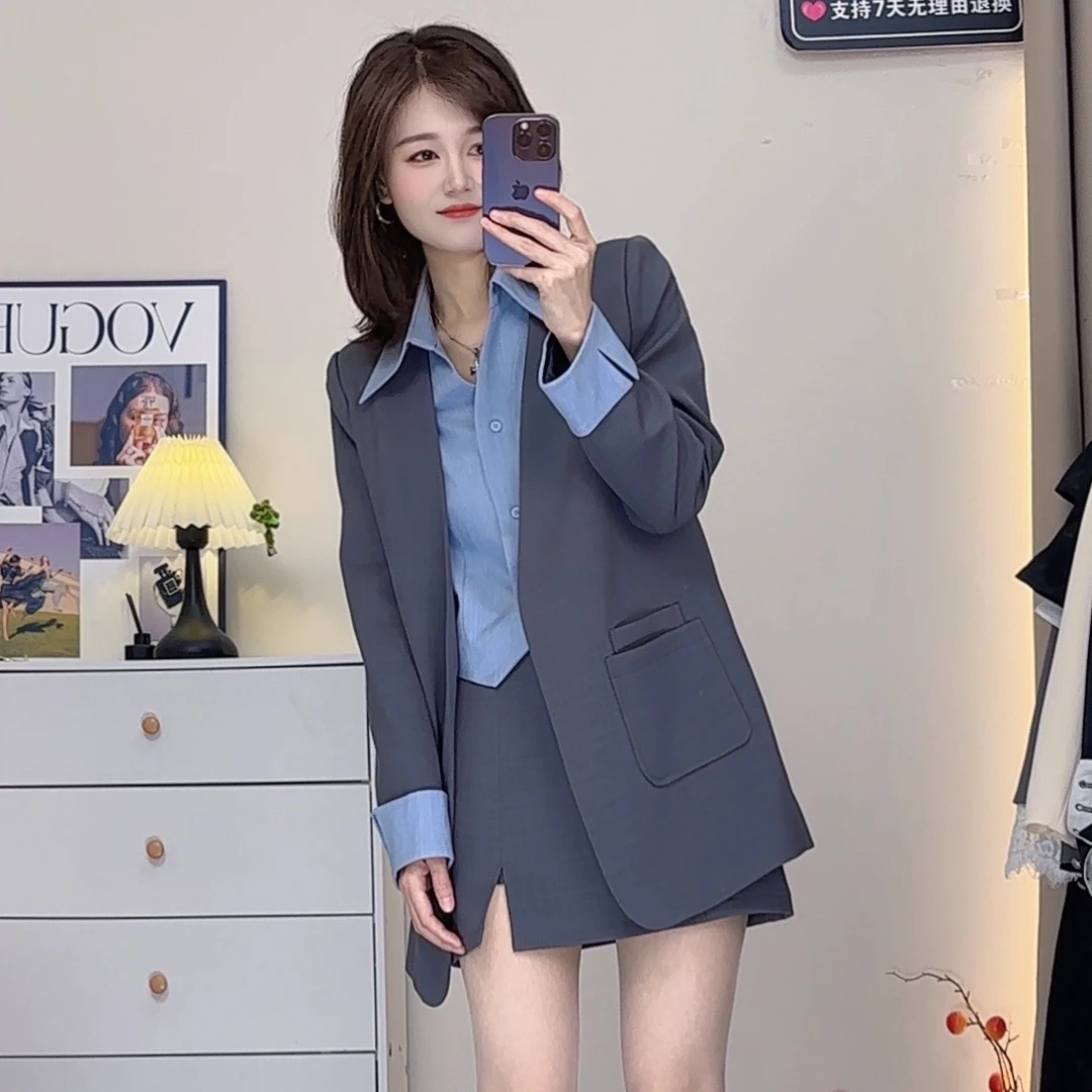 假两件西装V领长袖2025秋季女装新款时尚显瘦休闲两件套