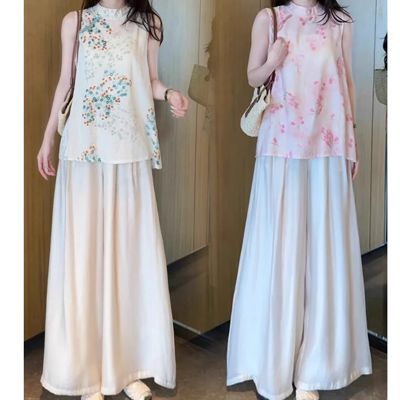 新中式时尚套装女夏季新款洋气显瘦国风印花无袖上衣阔腿裤两件套