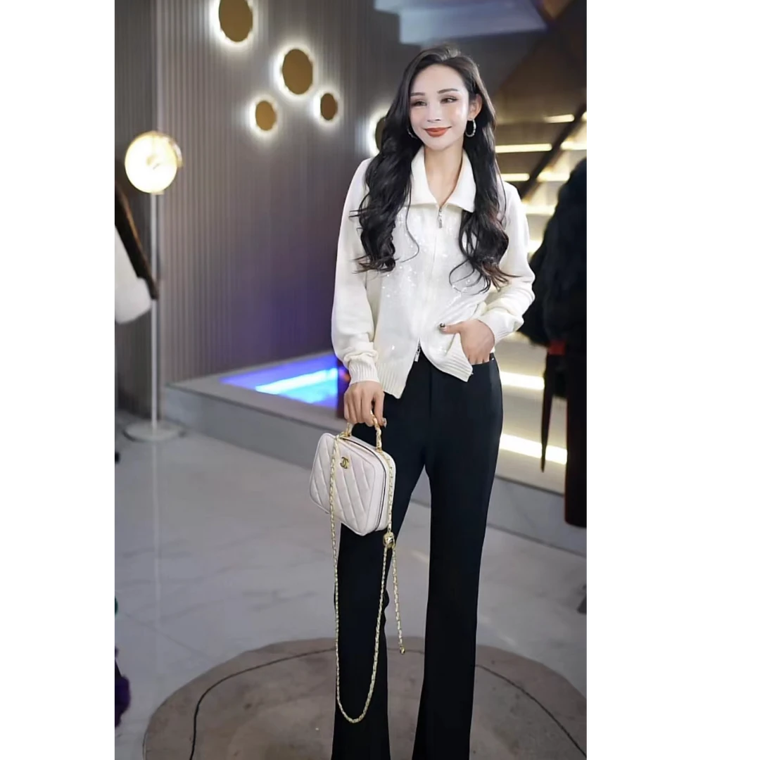 冬季时尚百搭亮片华夫格拉链门襟女士毛衫打底毛衣开衫1m555211