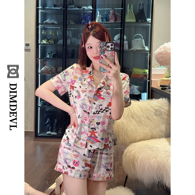 DIMDEVL/汀黛彩虹涂鸦夏季薄款套装缎面仿真丝减龄吊带睡衣家居服