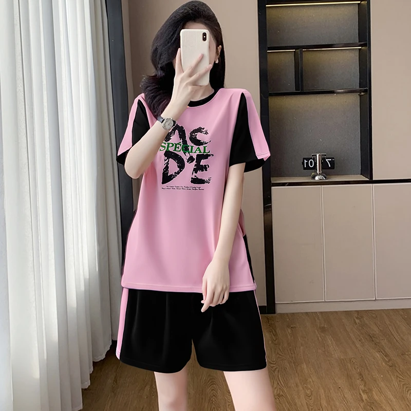 【粉丝专享】2件套夏季女短袖短裤宽松圆领休闲印花套装女韩版256