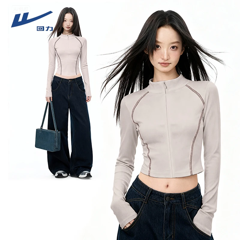 回力半拉链薄绒运动2025长袖t恤女冬季立领修身加厚内搭打底衫女