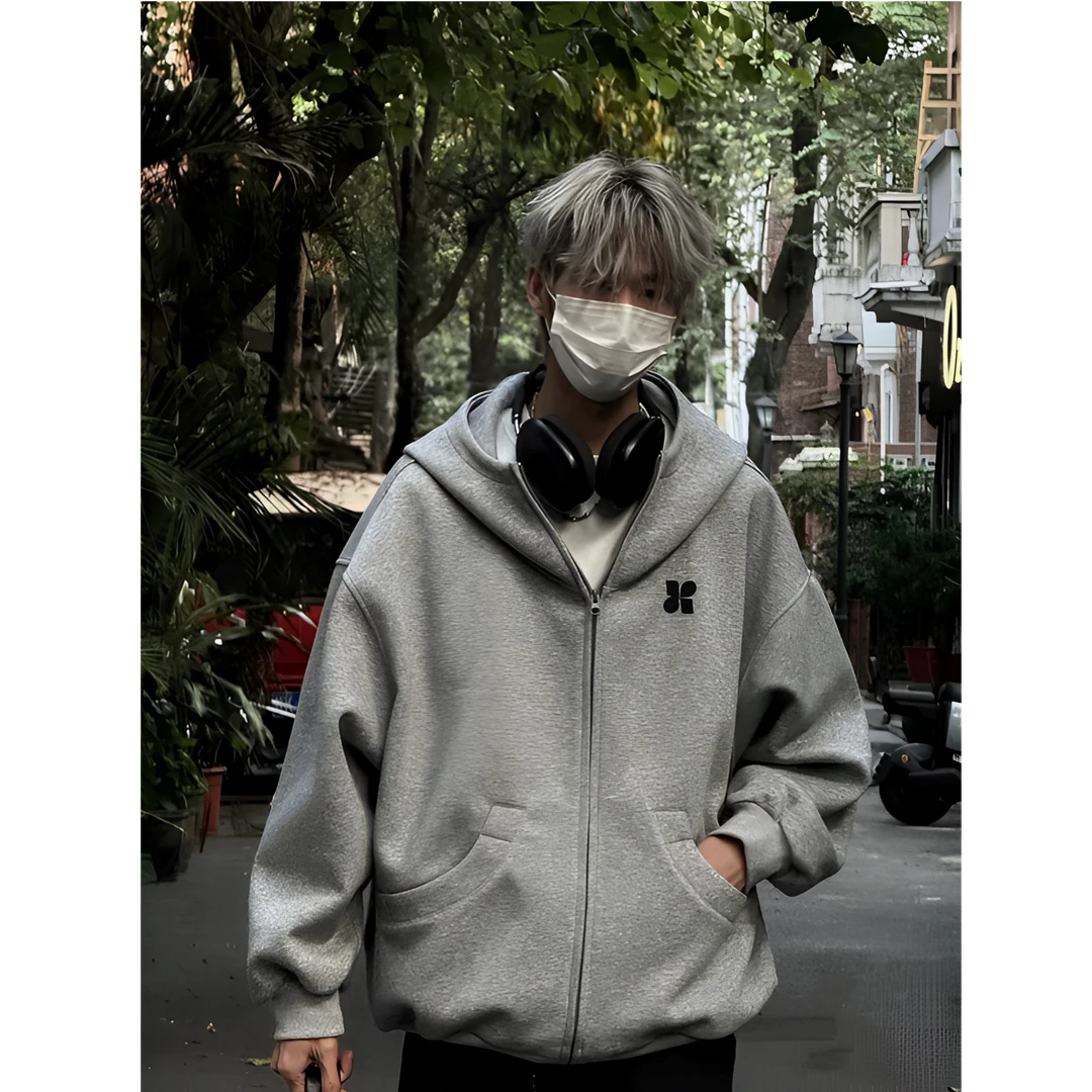 美式刺绣款几何高领开衫连帽卫衣男女秋冬季宽松百搭拉链情侣外套