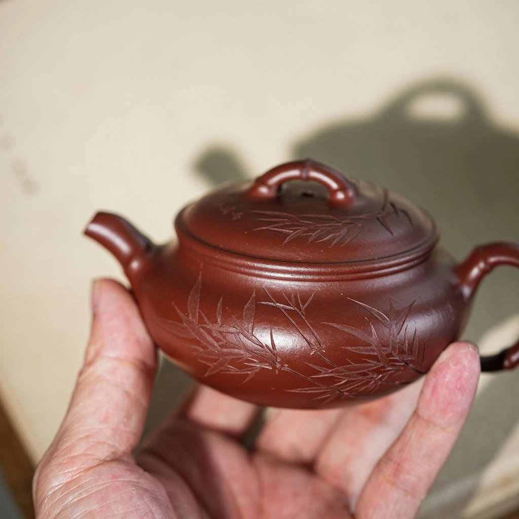 【半手工】助工吴敏竹节扁腹紫袍玉砂150cc紫砂壶茶具