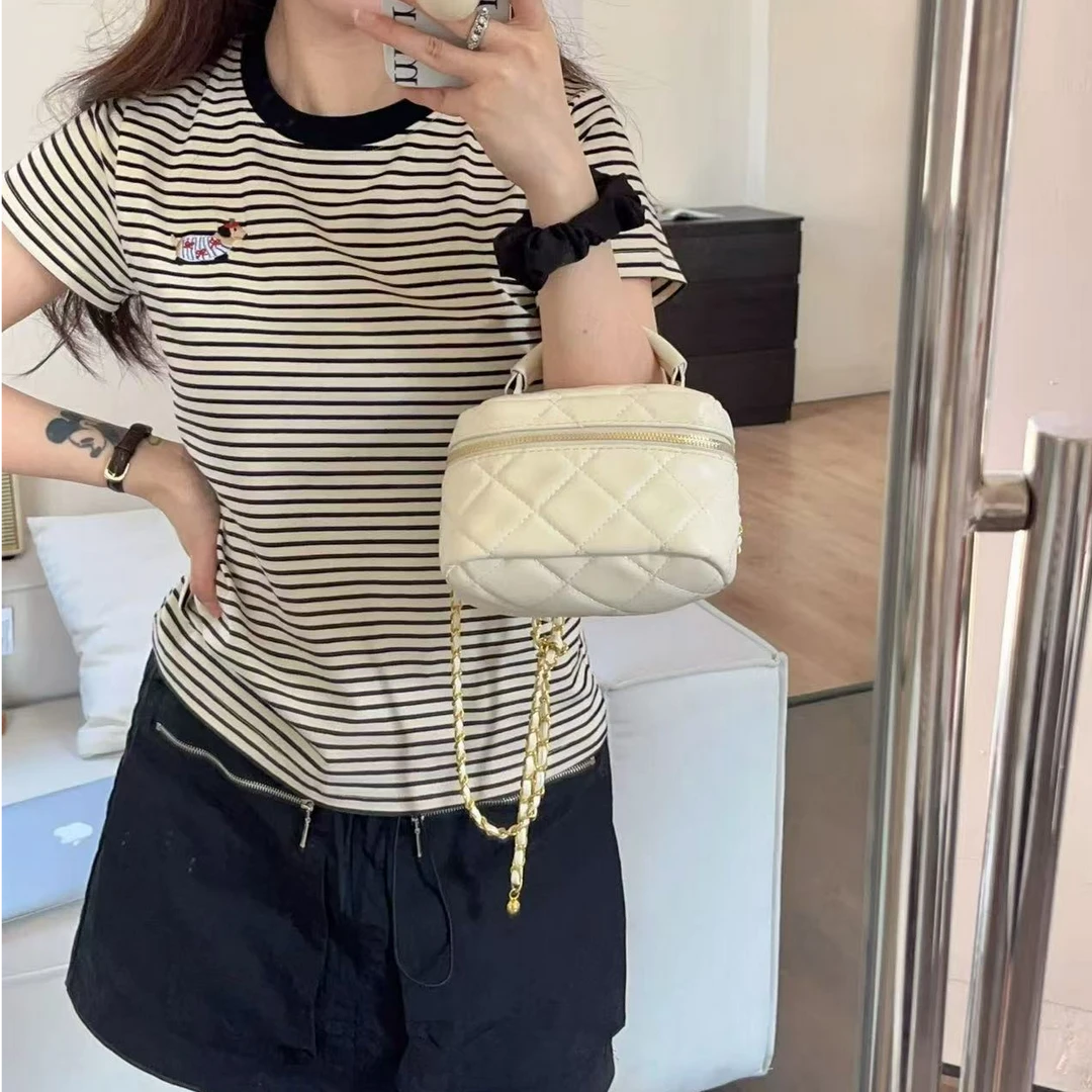 韩系优雅通勤简约舒适气质百搭圆领刺绣条纹短袖T恤H6146