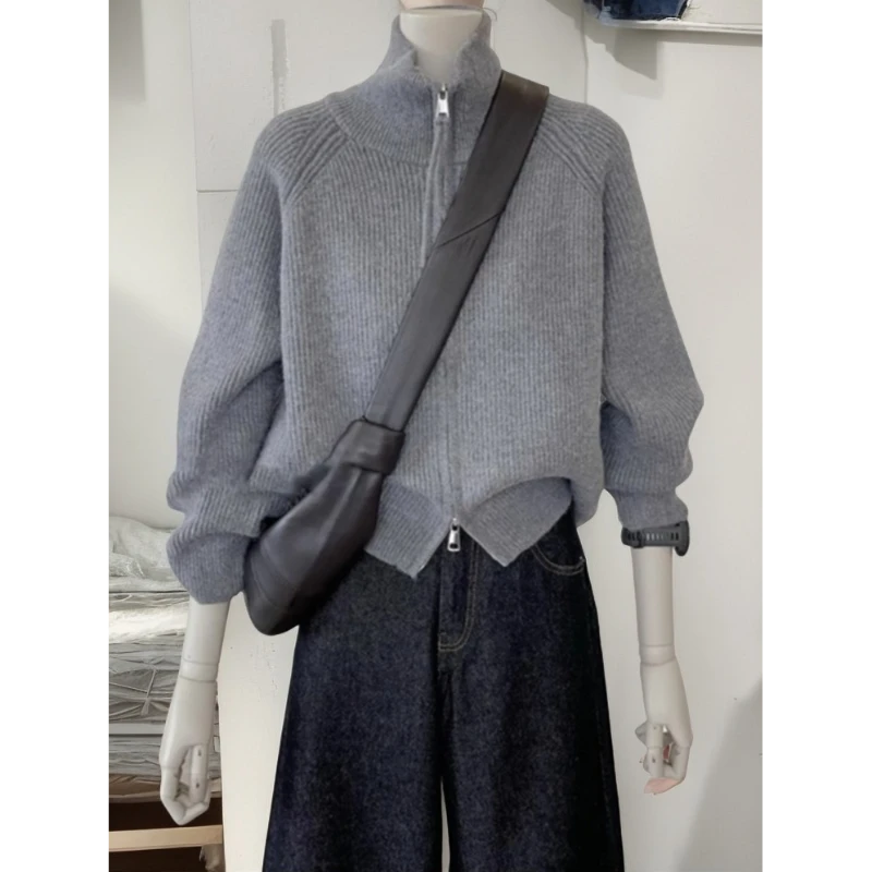 真心舒服！巨推荐！秋季款百搭针织衫灰色立领毛衣女双拉链开衫外套