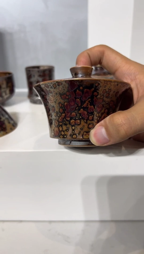 瓷片93柴房陶瓷柴烧斑鹿盖碗