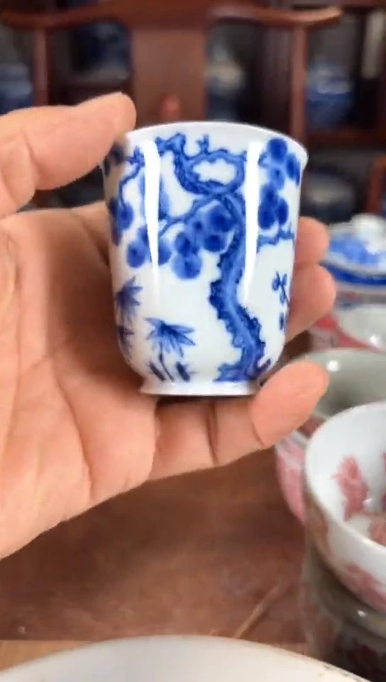 柴窑青花岁寒三友杯杯