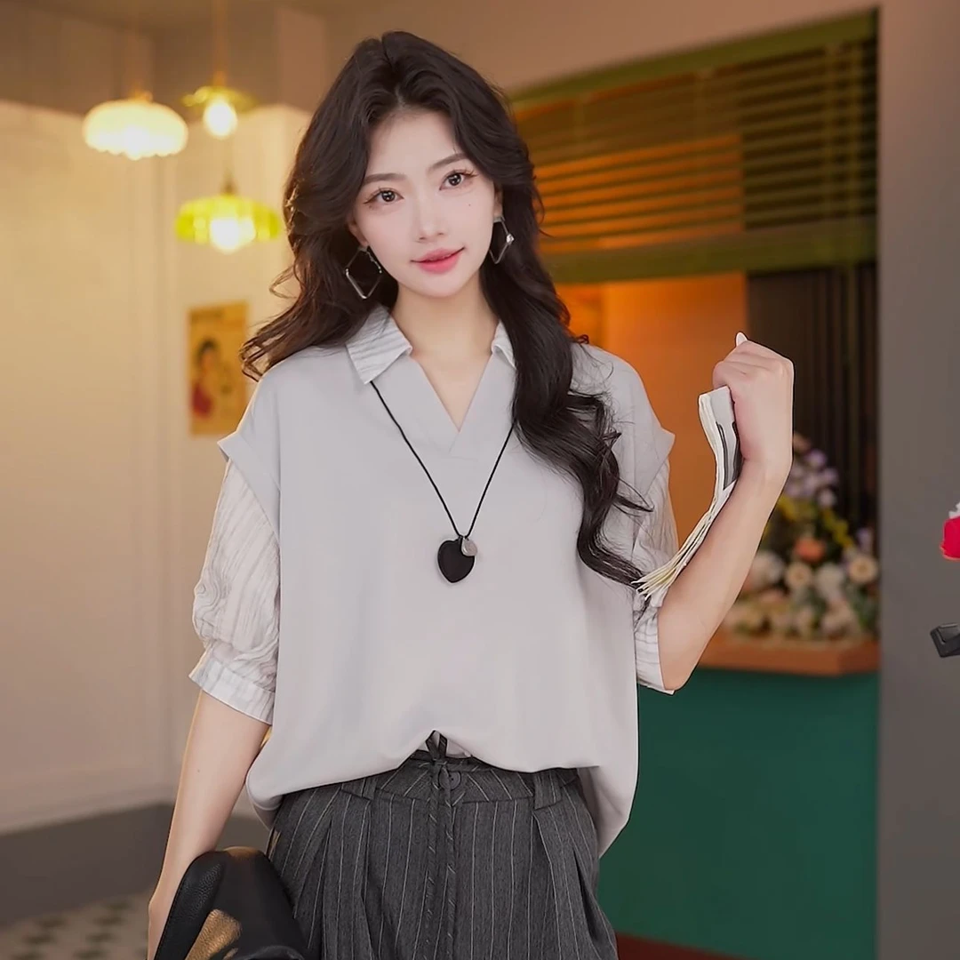 丁佳欣【慢舞】气质通勤假两件短袖衬衫女宽松上衣DS1115052